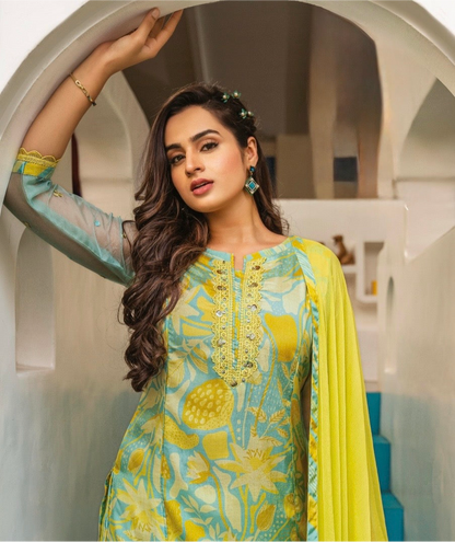 Viscose Satin Silk Kurti Pant Dupatta Set with Digital Print and Hand Embellishments for Women – XL to 3XL