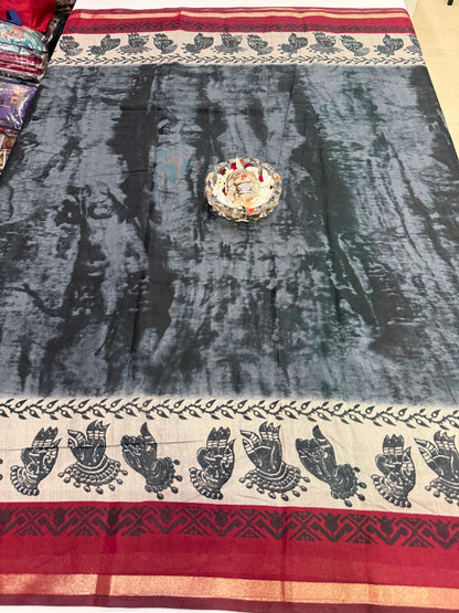 Silk blend printed saree with contrast border and pallu print, 6.3m with running blouse, 6 color options