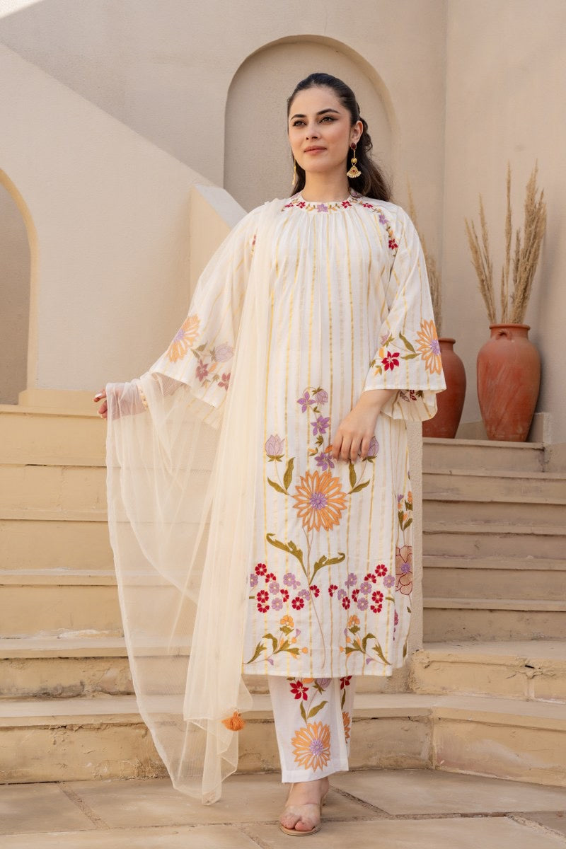 Pure Cotton Embroidered Kurta Pant Dupatta Set for Women – Available in Two Colors