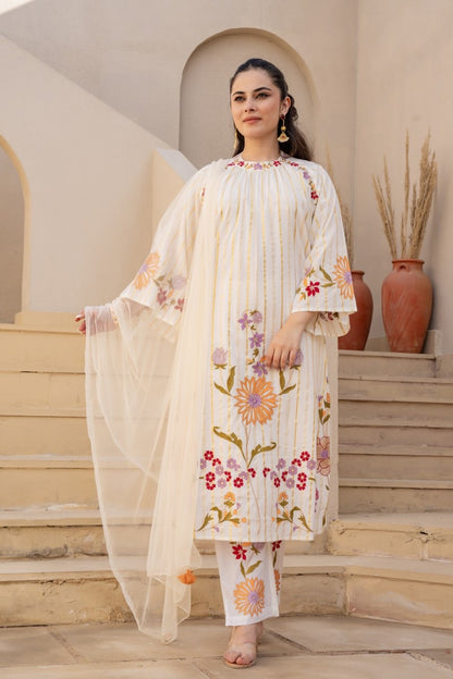 Pure Cotton Embroidered Kurta Pant Dupatta Set for Women – Available in Two Colors