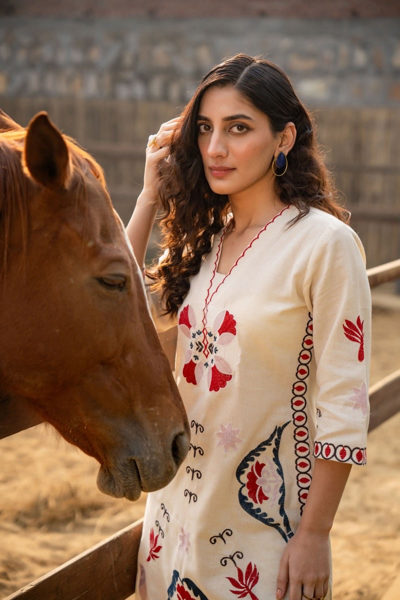 Women's Cotton Flex Embroidered Kurta Pant Set – Daily Wear (Sizes M to XXL)