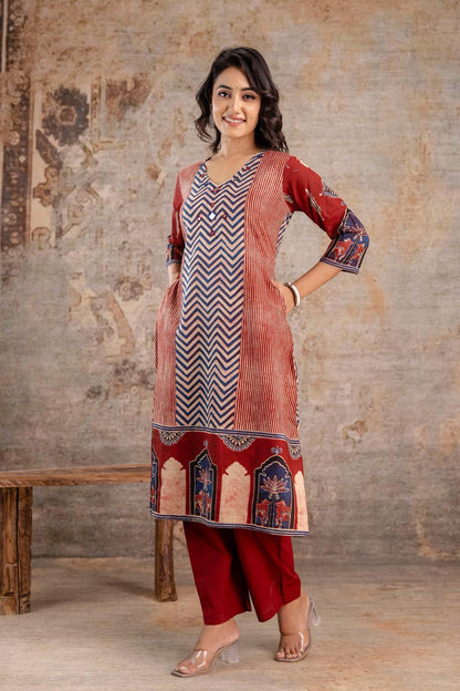 Jaipuri Cotton Kurti Pant Set for Women with Chevron Print and Mughal Border – Sizes 38 to 46