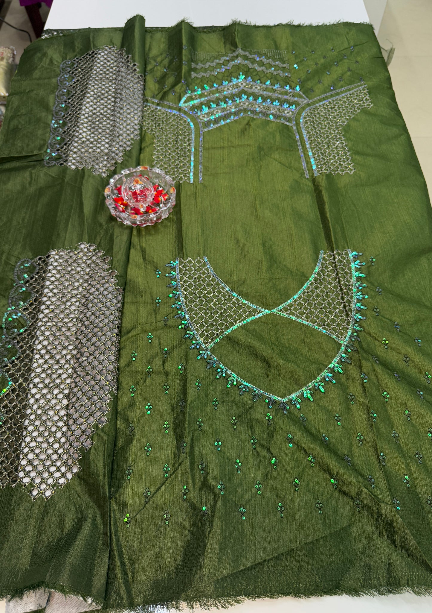 Olive Green Sequin Embroidered Saree for Women – Fancy Designer Fabric with Floral Pallu and Lace Border