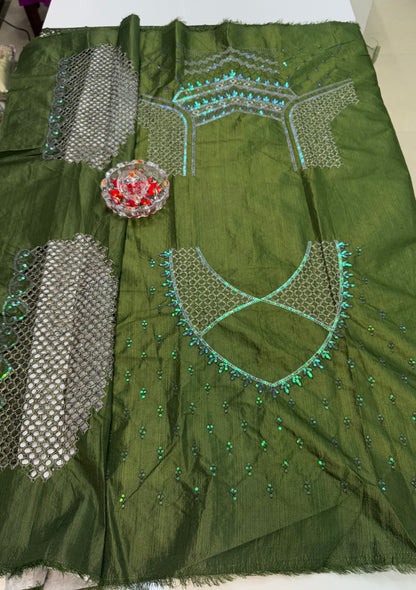 Olive Green Sequin Embroidered Saree for Women – Fancy Designer Fabric with Floral Pallu and Lace Border