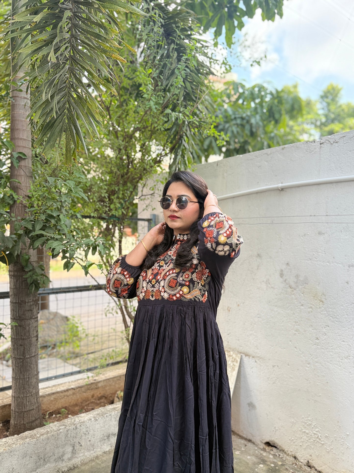 Embroidered Black Cotton Blend Long Kurta Dress with Yoke and Sleeve Work for Women