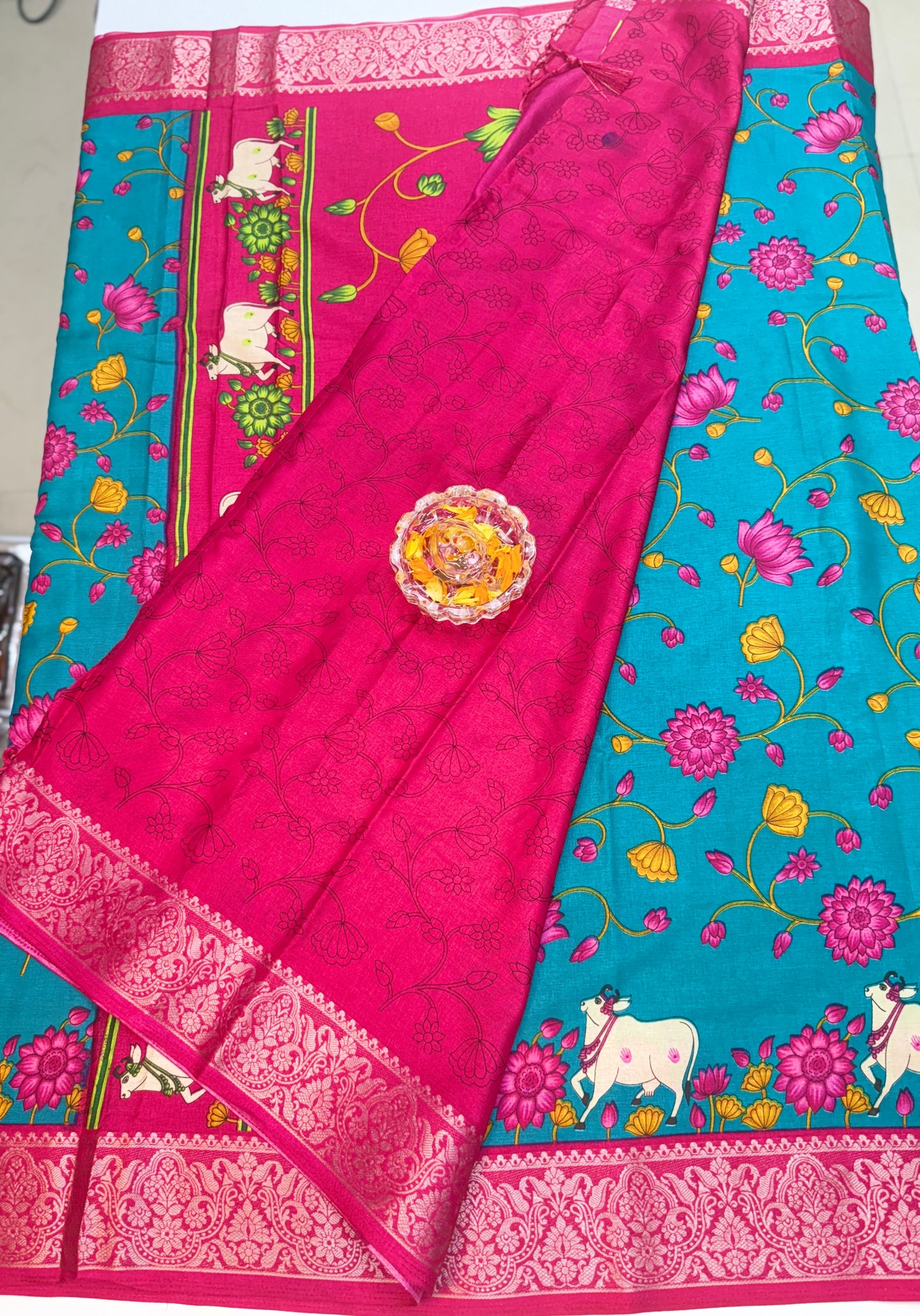 Madrasi Cotton Silk Saree with Cultural Print Motifs and Matching Blouse Piece for Women