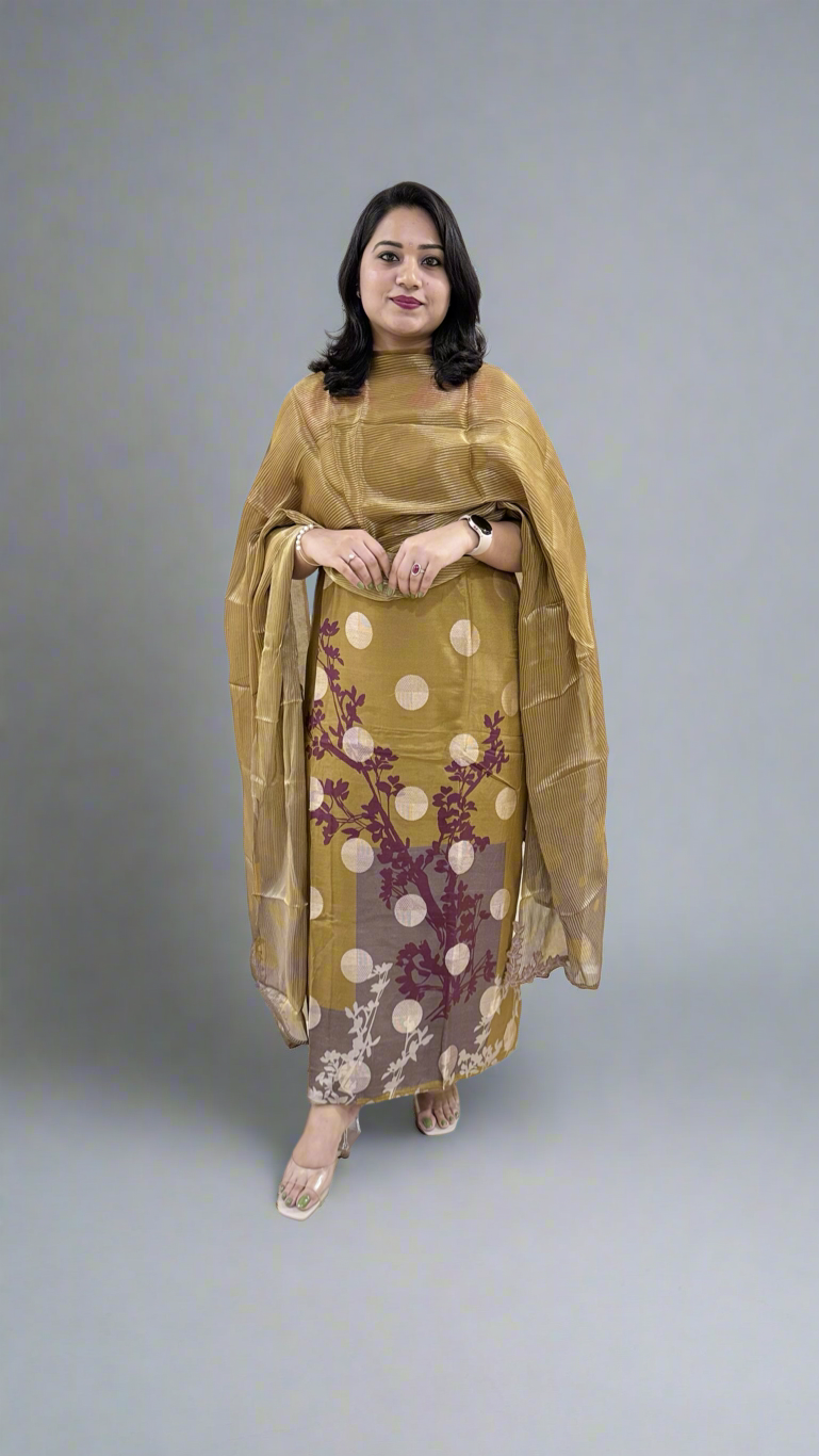 Unstitched Muslin Jacquard Dress Material with Digital Print, Canvas Satin Bottom and Silk Embroidered Dupatta