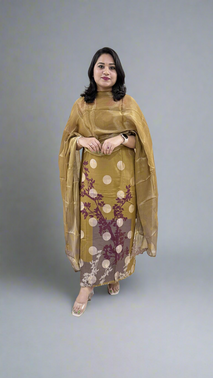 Unstitched Muslin Jacquard Dress Material with Digital Print, Canvas Satin Bottom and Silk Embroidered Dupatta