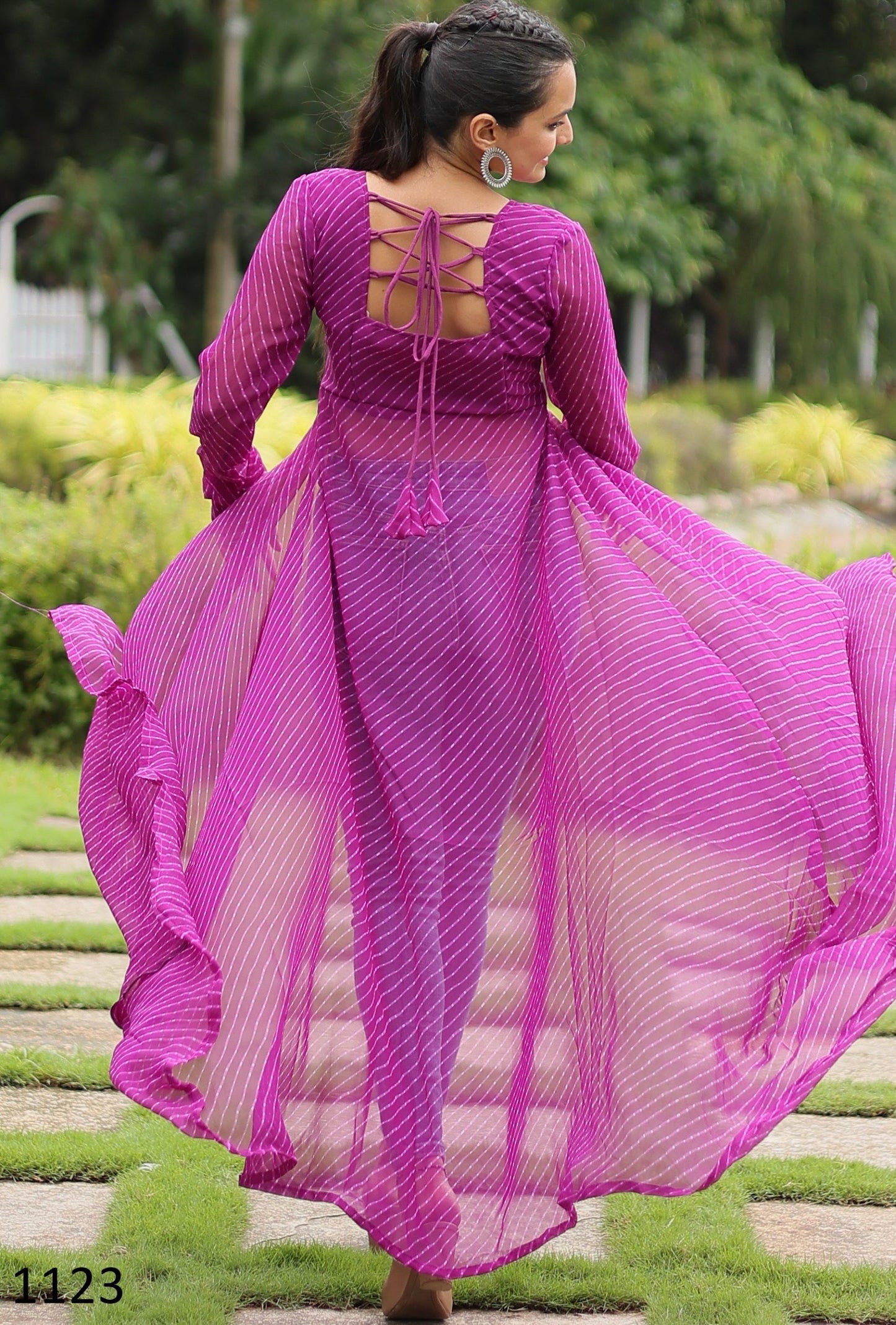 Faux Georgette Leheriya Front Open Long Kurti with Kutchi Patchwork for Women