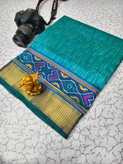 Soft Pochampally Silk Saree with Printed Multi-Butta Design and Contrast Running Blouse