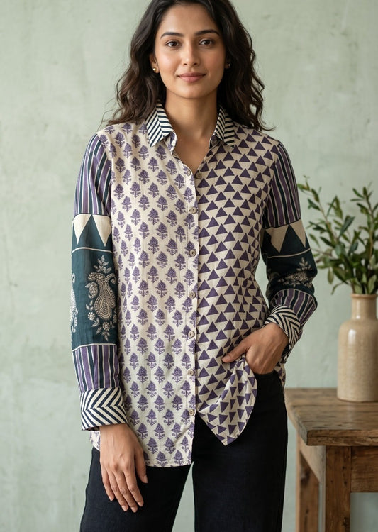 Mul Chanderi Printed Shirt for Women with Detachable Inner, Full Sleeves, Beige Purple