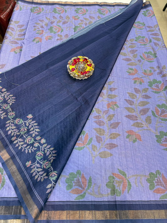 Raw tussar silk saree with smart floral design and soft marmo finish, printed border saree
