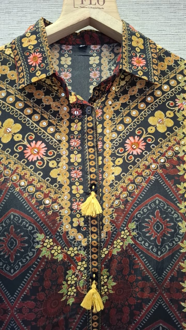 Premium Crepe Ajrakh Print Style Cord Set with Tassel Detailing for Women – Sizes 38 to 44