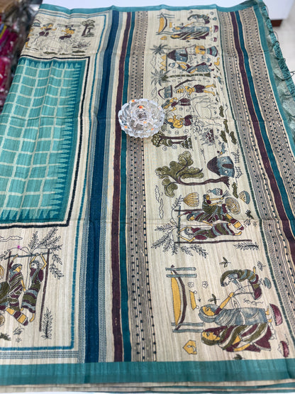 Spider Silk Saree with Folk Art Print Border and Tassel Pallu