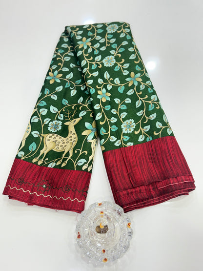 Victoria Cotton Silk Saree with Deer and Floral Print – Lightweight Traditional Cotton Silk Saree for Women