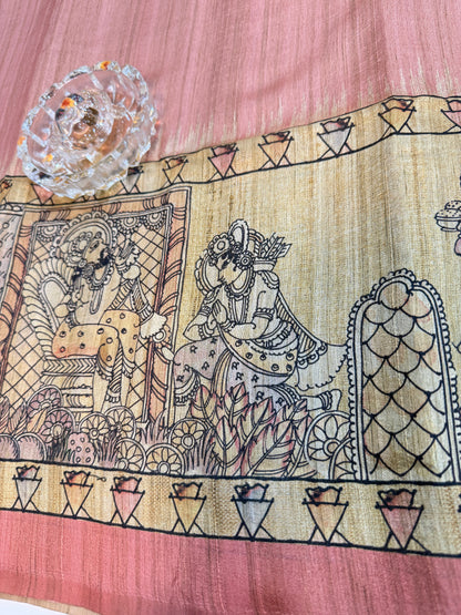 Spider Silk Saree with Folk Art Print Border and Tassel Pallu