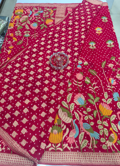 Pure Kaddi Georgette Zari Weaving Saree in Deep Pink with Paisley and Floral Motifs – Premium Festive & Wedding Wear Saree for Women