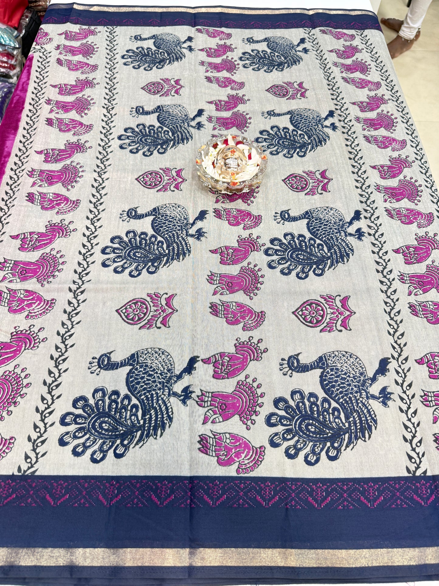 Silk blend printed saree with contrast border and pallu print, 6.3m with running blouse, 6 color options