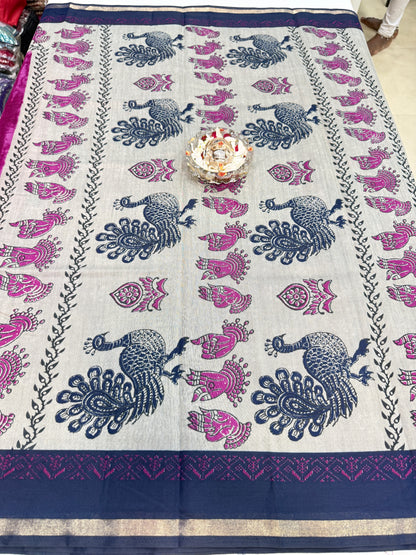 Silk blend printed saree with contrast border and pallu print, 6.3m with running blouse, 6 color options