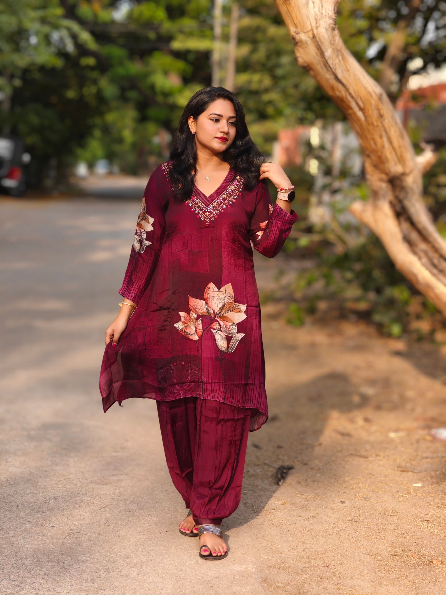 Viscose co-ord set for women with floral print and embroidery – fully stitched festive ethnic outfit