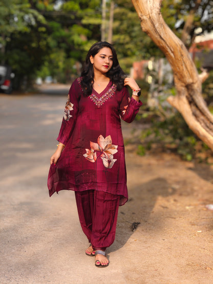 Viscose co-ord set for women with floral print and embroidery – fully stitched festive ethnic outfit