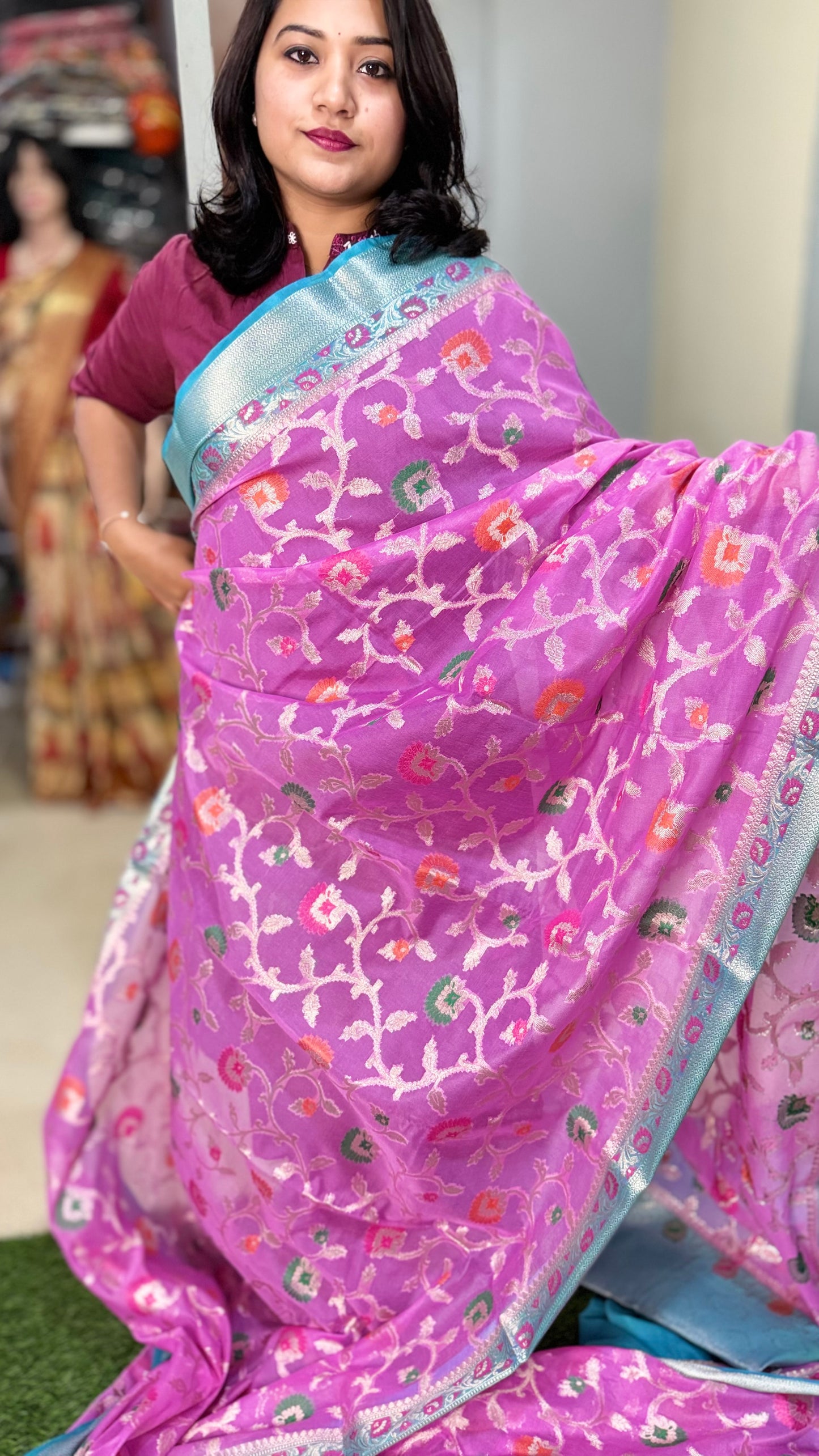 Banarasi Meenakari Georgette Silk Saree with Multi-Color Floral Weaving and Meena Border Blouse