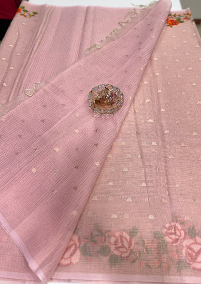 Banarasi Cotton Tissue Saree for Women with Meenakari Embroidery Border, Zari Booti Weaving and Tassel Pallu