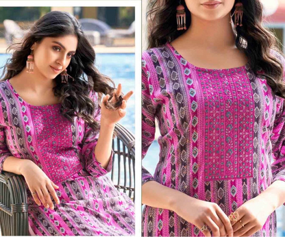 Heavy Rayon Foil Printed Kurti with Sequin Embroidery for Women – XL to 3XL