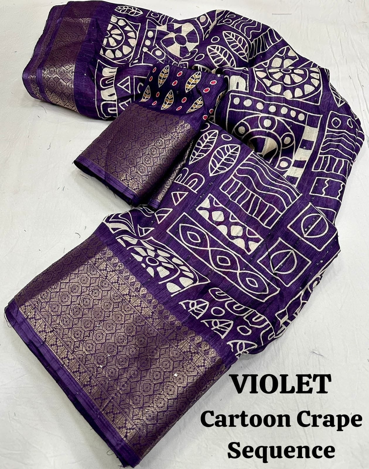 Cotton Crepe Saree with Sequence Work and Batik Print – Running Blouse Included