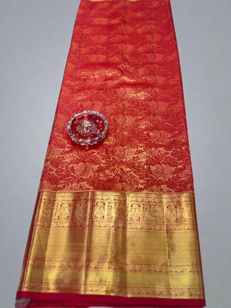 Bright Red Handloom Mulberry Silk Saree with Gold Zari Weaving and Blouse Piece for Women