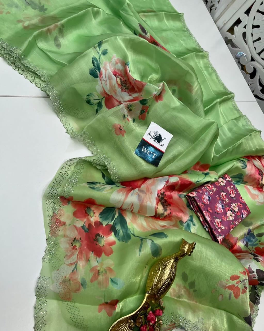 Heavy Soft Silk Saree with Swarovski Work and Floral Digital Print