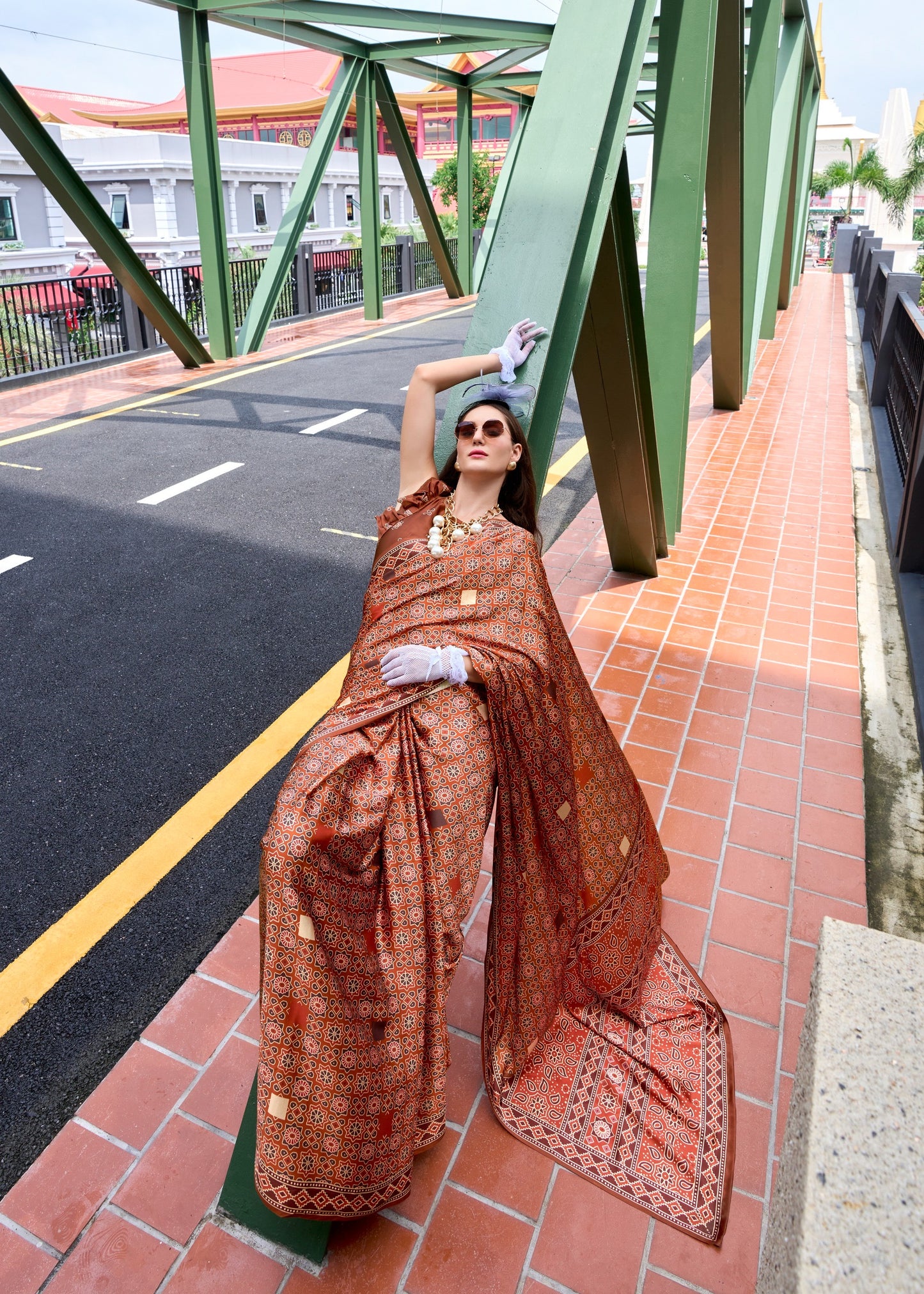 Pure Satin Silk Saree with Ajrakh Print – Festival and Traditional Wear Saree for Women
