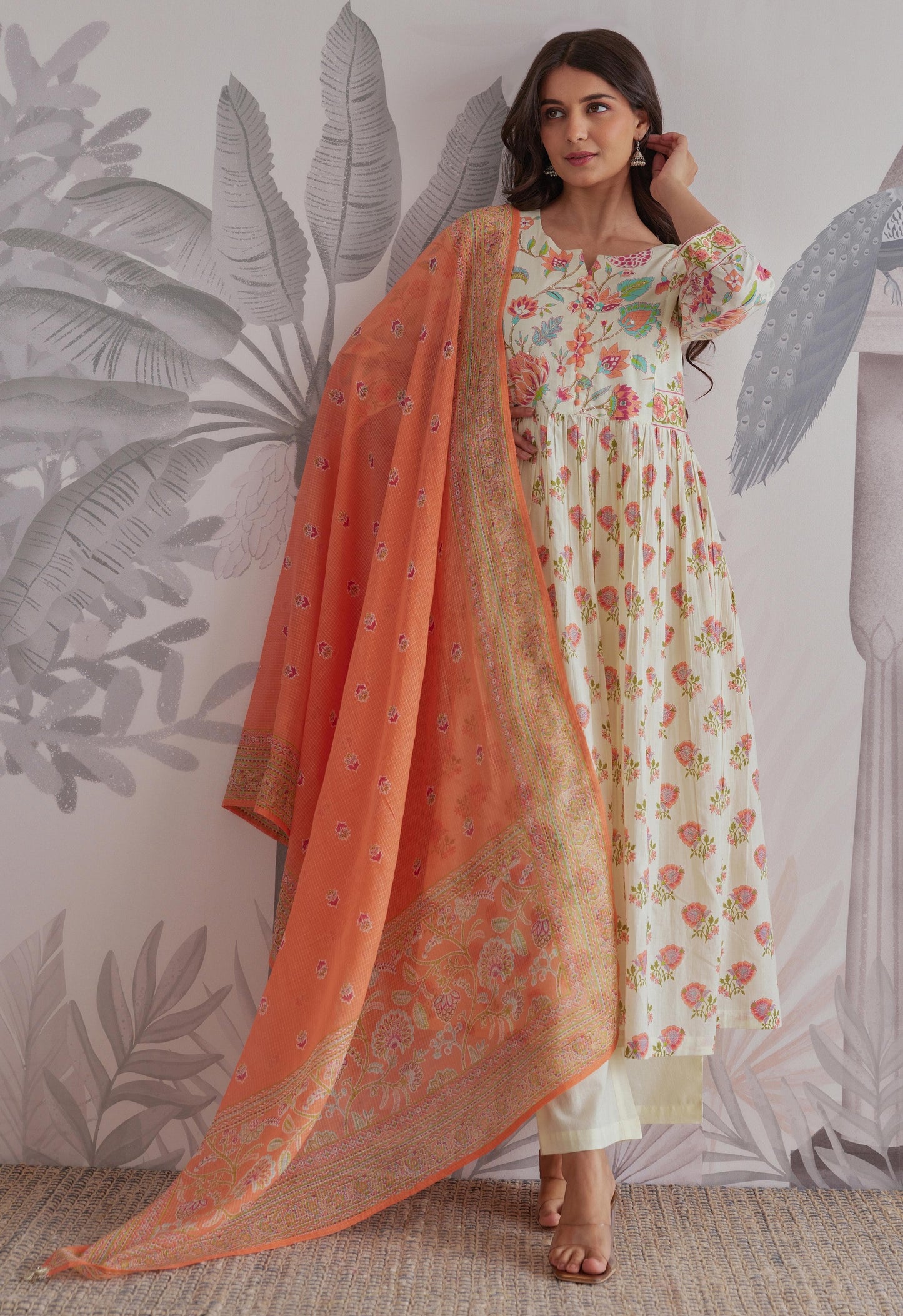 Cotton Anarkali Kurta Pant Dupatta Set with Ethnic Detailing for Women