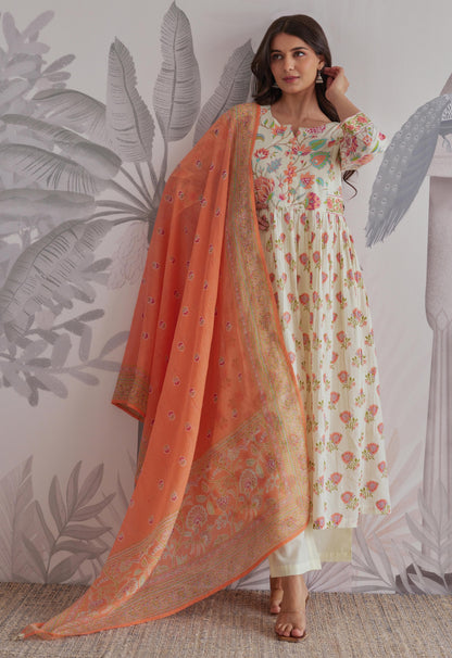 Cotton Anarkali Kurta Pant Dupatta Set with Ethnic Detailing for Women