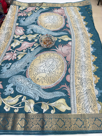 Silk blend printed saree with floral and bird motifs, zari border, women’s festive wear saree