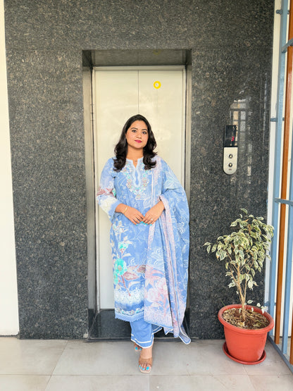 Women’s Pure Cotton Floral Kurta Set with Printed Dupatta – Breathable 3-Piece Set in M to 3XL