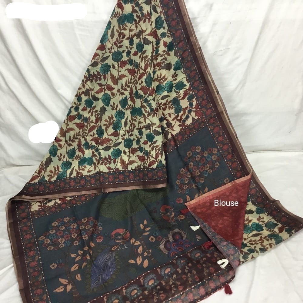 Mul Chanderi Cotton Saree with Kalamkari Print, Golden Zari Piping, and Batik Blouse – Ethnic Wear for Women