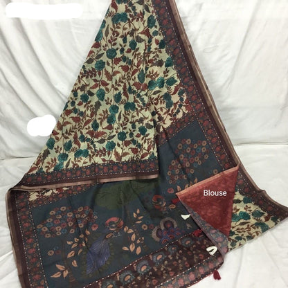 Mul Chanderi Cotton Saree with Kalamkari Print, Golden Zari Piping, and Batik Blouse – Ethnic Wear for Women