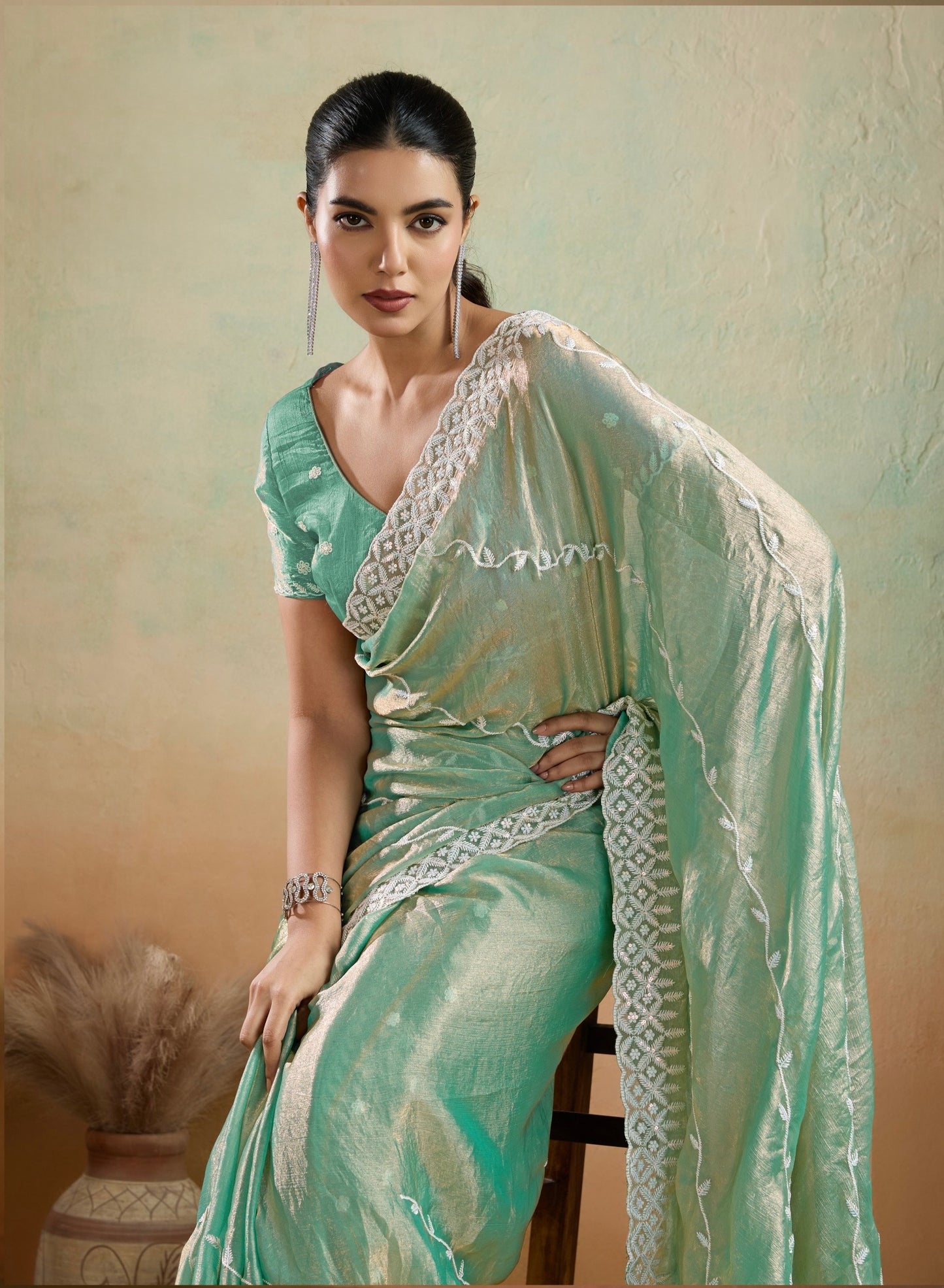 Velvet Chiffon Saree with Sequins Embroidery and Leheriya Flow for Women