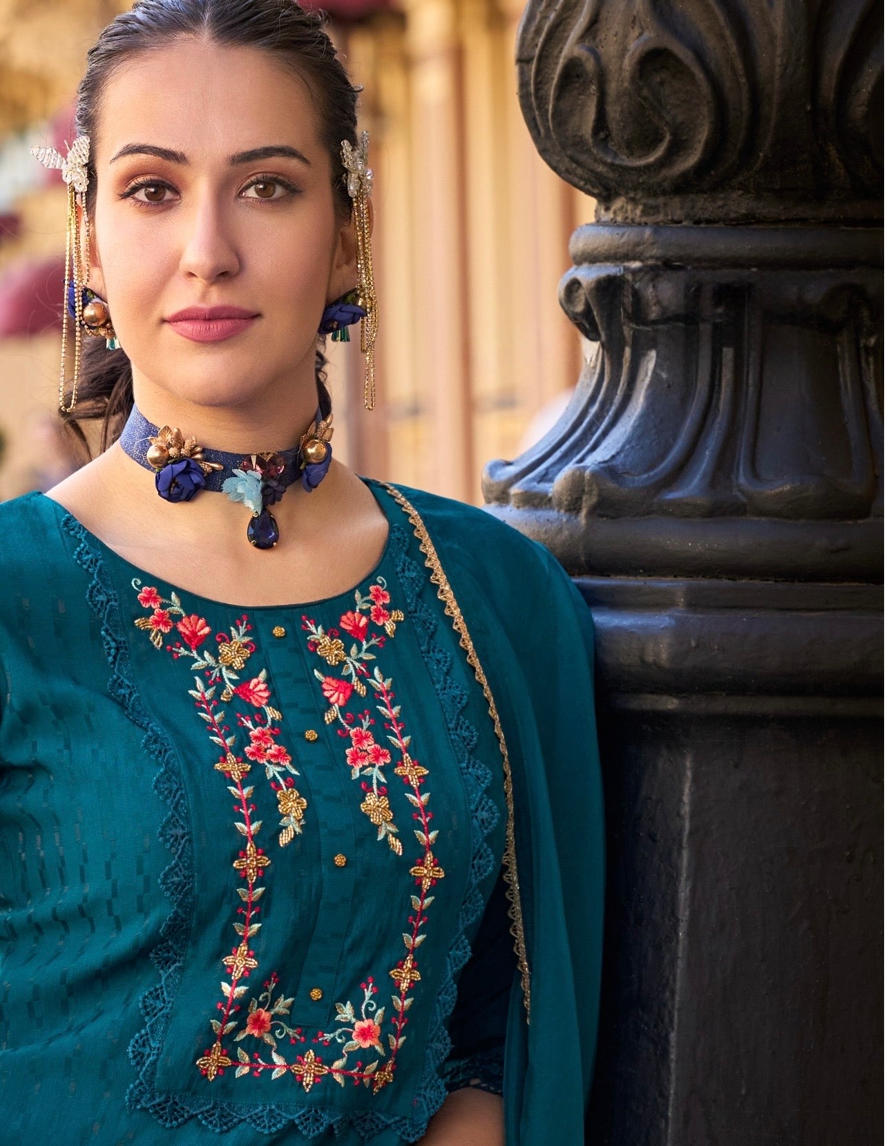 Women’s Self-Jacquard Silk 3-Piece Suit Set with Afghani Bottom and Organza Dupatta – XXL & 3XL