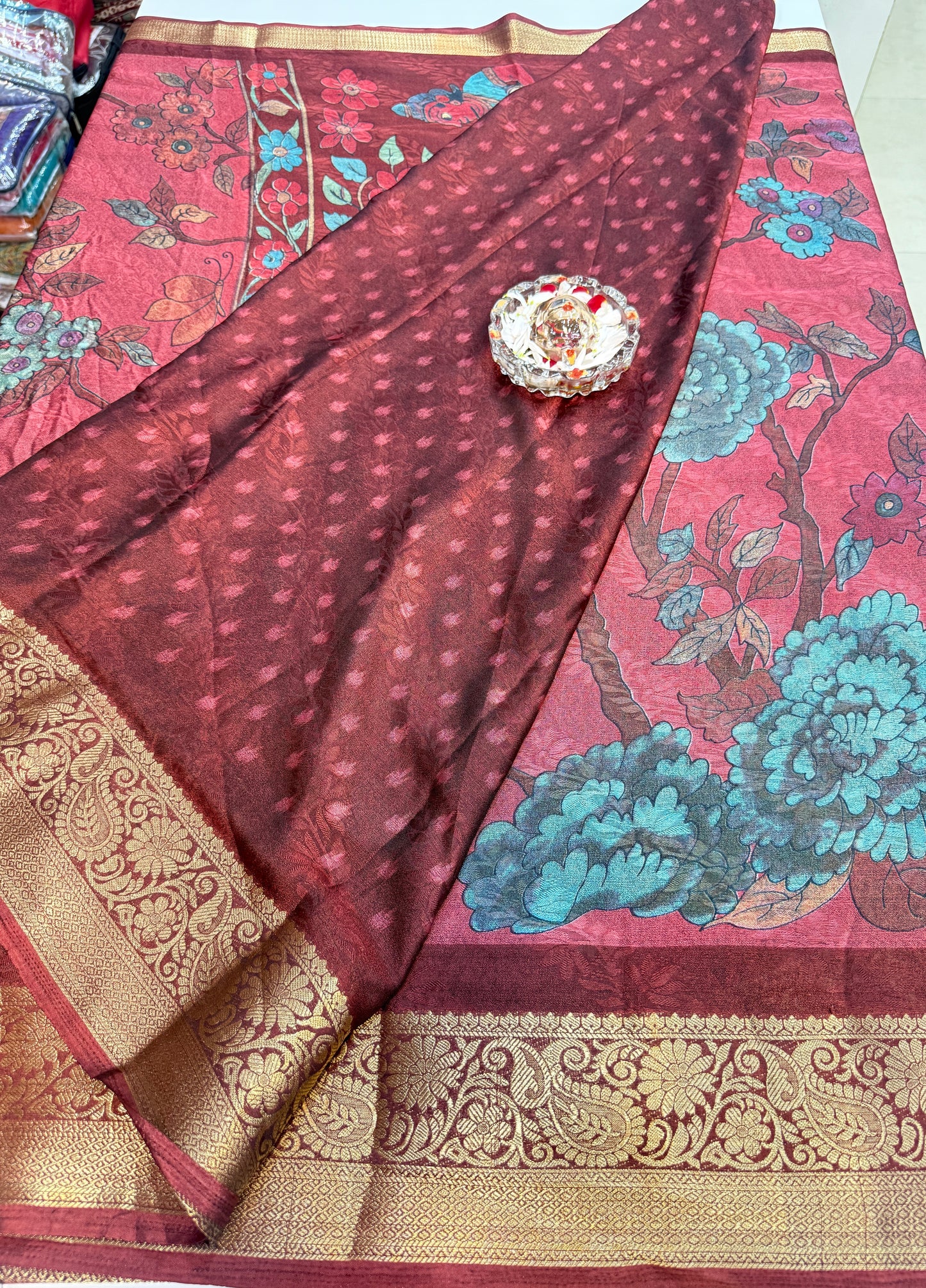 Silk blend printed saree with zari border and digital pallu print, 6.3m with running blouse, 6 color options