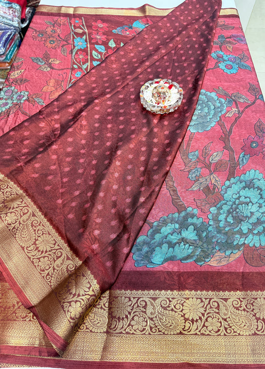 Silk blend printed saree with zari border and digital pallu print, 6.3m with running blouse, 6 color options