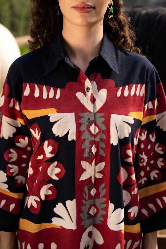 Cotton Poplin Oversized Co-Ord Set with Hand Brush Painted Design – Artistic Casual Wear for Women (Sizes 38 to 44)