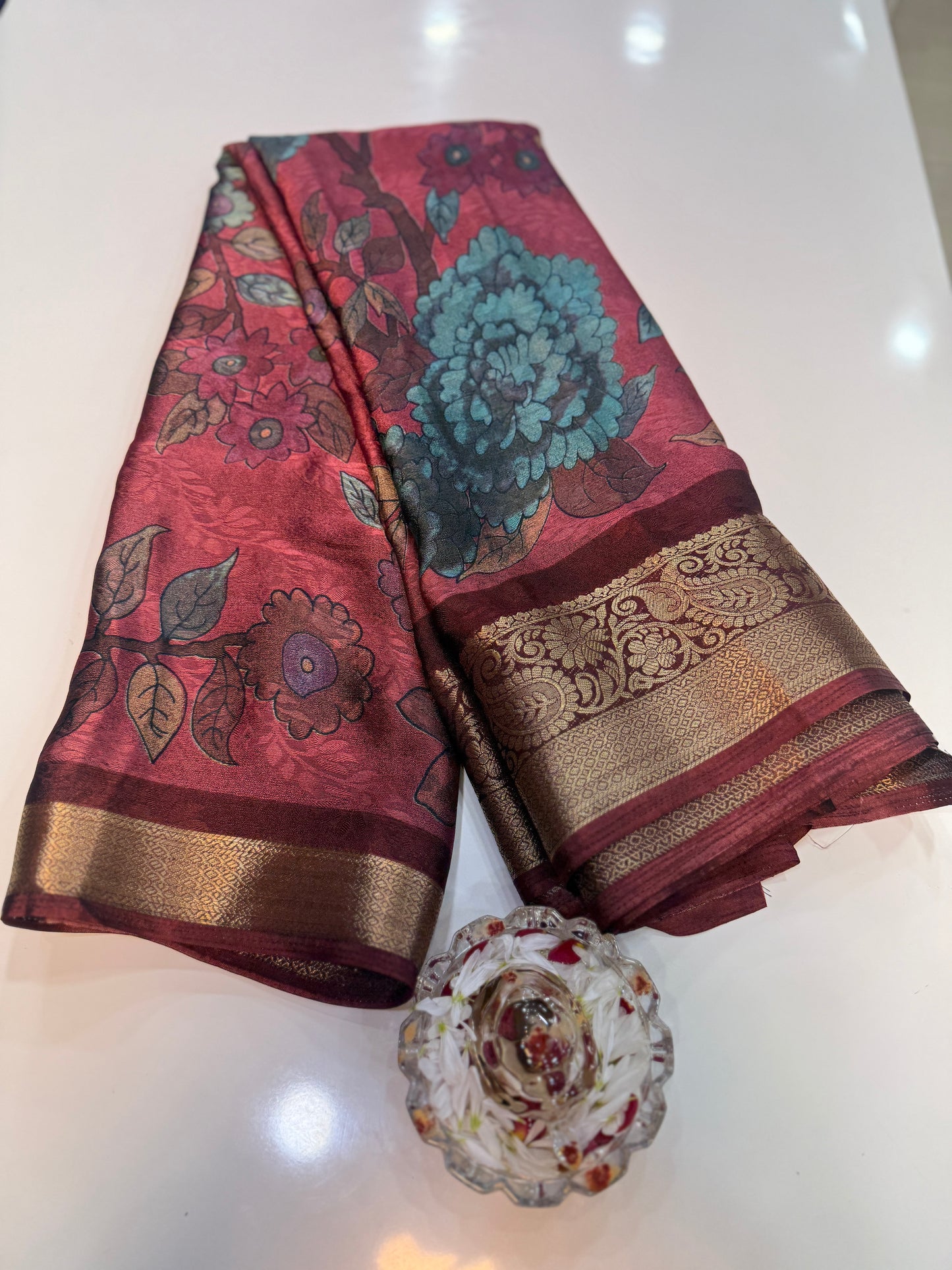 Silk blend printed saree with zari border and digital pallu print, 6.3m with running blouse, 6 color options