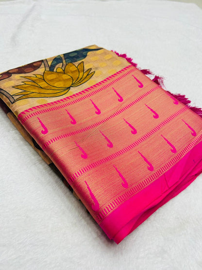 Paithani Silk Saree with Digital Print, Goli Zari Weaving and Tassel Pallu – Contrast Blouse