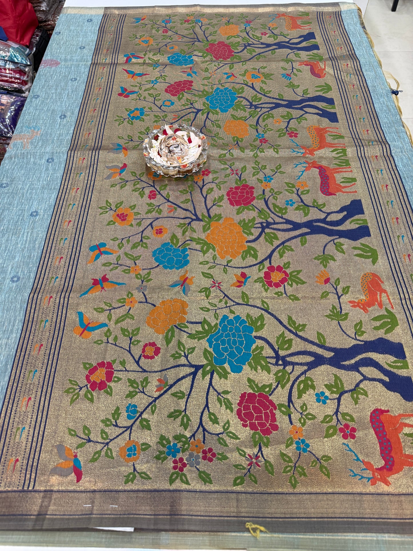 Linen Paithani style printed saree with floral tree border and tassel pallu, women’s festive daily wear saree