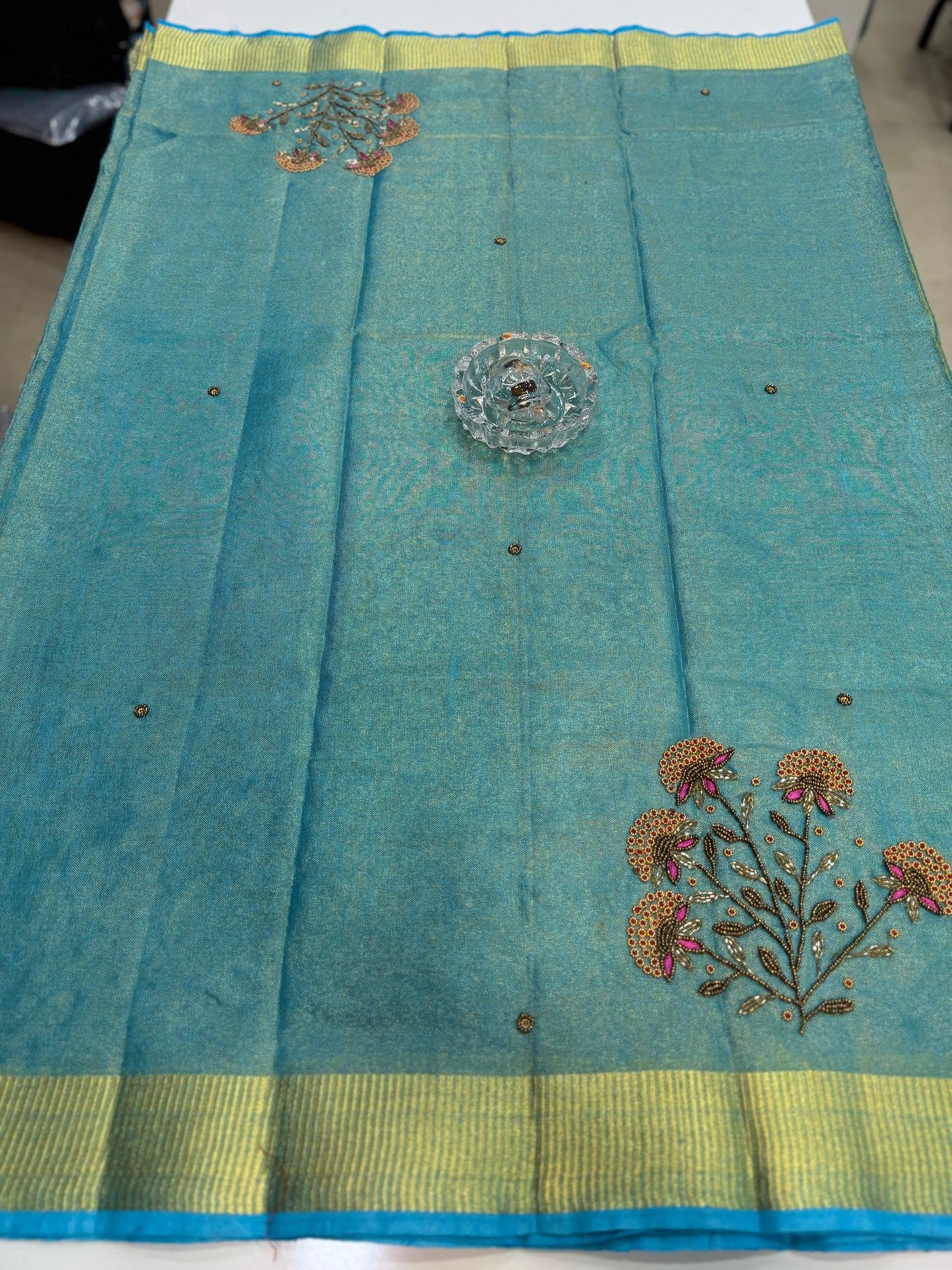 Pure Tissue 150 Count Linen Handloom Saree with Handwork and Running Blouse for Women