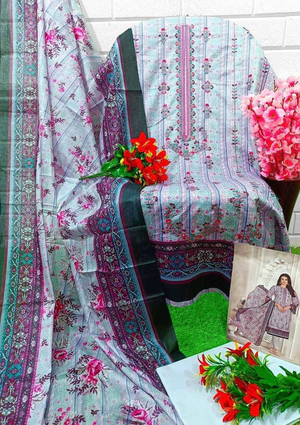 Unstitched Pure Cotton Cambric Suit Material with Self Embroidery and Mal Mal Dupatta