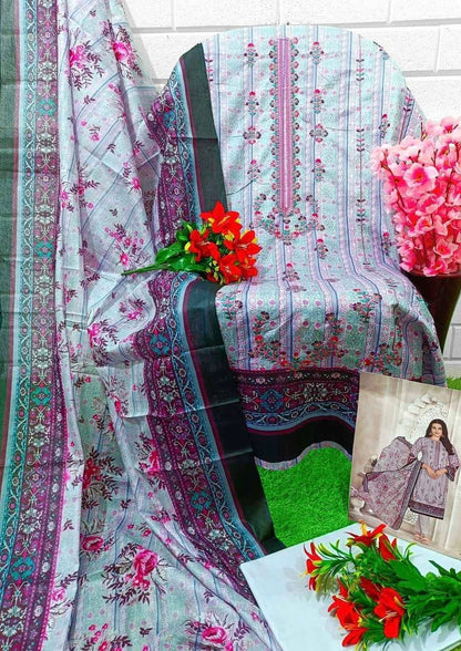 Unstitched Pure Cotton Cambric Suit Material with Self Embroidery and Mal Mal Dupatta