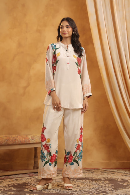 Premium Crepe Co-Ord Set with Floral Placement Print, Button and Tassel Detailing – Ethnic Wear for Women (38 to 44)